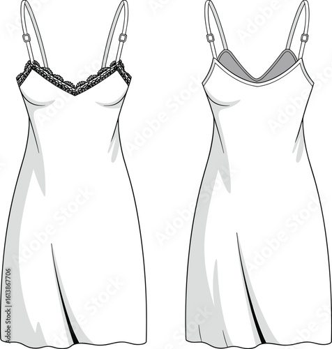 Elegant women's slip dress design, fashion CAD drawing, lingerie apparel vector, adjustable straps, lace trim, flat technical sketch, garment illustration, minimalist style