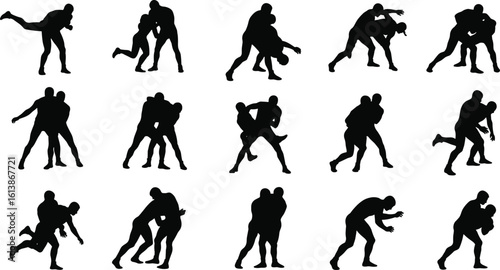 Martial arts silhouette poses, wrestling and grappling positions, professional fighters in action, combat sports technique, training motion, mixed martial arts figures illustration set.