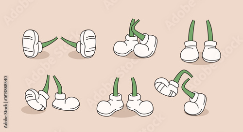 Cartoon-style green legs with white shoes in various walking and standing poses on a soft beige background. Concept of animation elements. Vector illustration