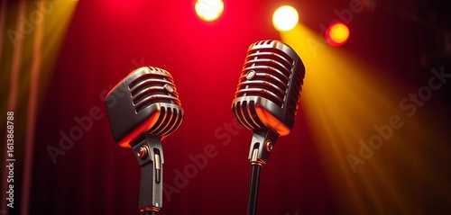 Vintage microphone on stage with spotlight, retro vibe,  old,   art