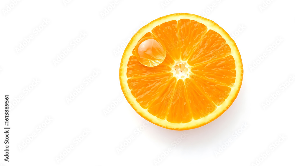 Juicy orange slice with water droplet on white background Juicy orange slice with water droplet on white background