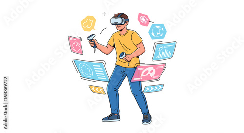 A young man explores an immersive virtual reality world, interacting with futuristic holographic interfaces using his VR headset and controllers.