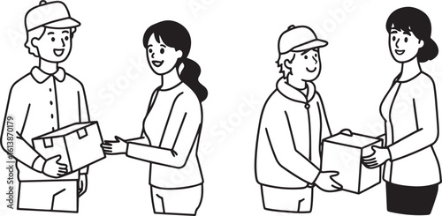 A friendly, black and white illustration depicts a delivery person handing a box to a customer.