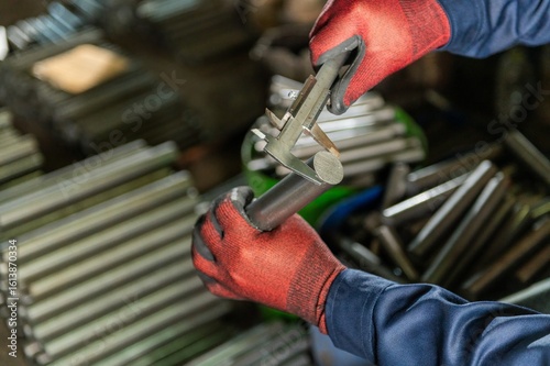 Workpiece Inspection: Hands in Red Gloves Using Vernier Caliper for Accuracy Machining Process: Expert Hands Inspecting Metal Shaft with Precision Tool Close Up of Worker Checking Steel Part Diameter