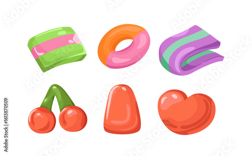Assorted colorful cartoon candies in different shapes like hearts, rings, and fruits, glossy style isolated on white background. Concept of sweets and desserts. Vector illustration