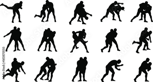Silhouette sequence of professional wrestling, grappling, martial arts fighters in combat poses, mixed martial arts techniques, wrestling moves, combat sports training concept design.