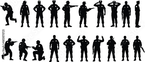 Silhouette set of armed soldiers and police officers in action, standing, saluting, aiming guns, tactical poses, law enforcement team, vector illustration, black silhouette