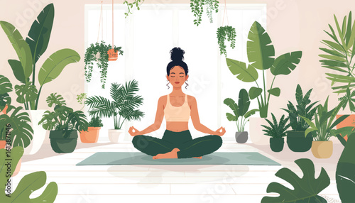 Yoga Meditation Woman in Lush Tropical Garden with Green Leaves and Plants – Wellness and Nature Concept Vector Illustration