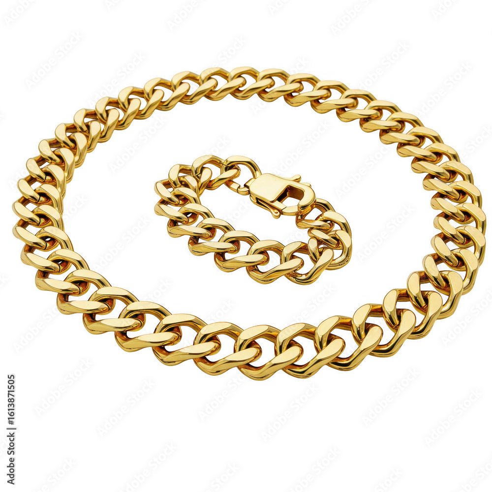 Obraz premium Golden chain and bracelet, jewelry fashion concept, luxury accessory isolated on transparent background