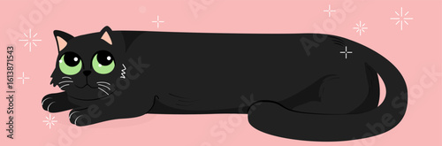 Adorable black cat with big green eyes lying down, cartoon style isolated on a soft pink background with sparkles, concept of cuteness and pet charm. Vector illustration