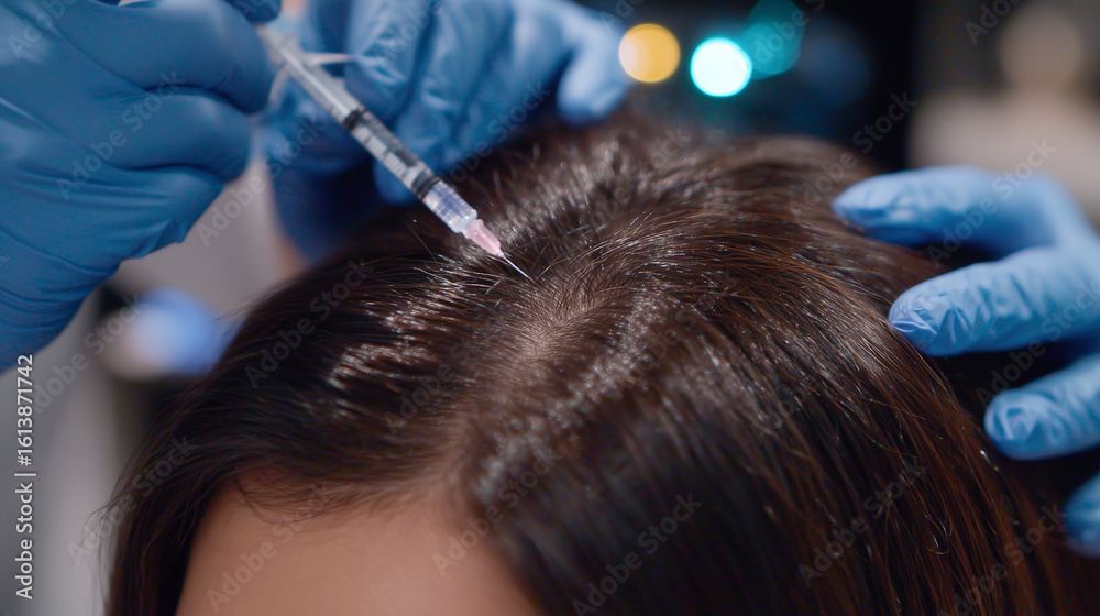 Fototapeta premium Close-up of gloved hands parting the patientâs hair as a fine mesotherapy needle approaches the scalp, magnifying lamp casting clinical white light, modern dermatology devices blur