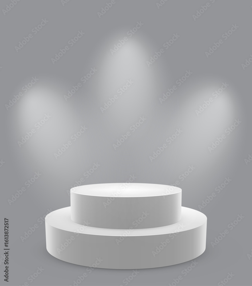 Two-tiered white circular pedestal on a gray background illuminated by three angled spotlights, creating soft shadows and dramatic studio lighting for product presentation or display. Two-tiered white circular pedestal on a gray background illuminated by three angled spotlights, creating soft shadows and dramatic studio lighting for product presentation or display.