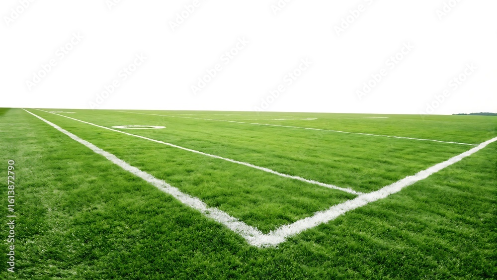 Obraz premium Grass football soccer field isolated on white background. Realistic green turf with white field markings. AI GENERATED.