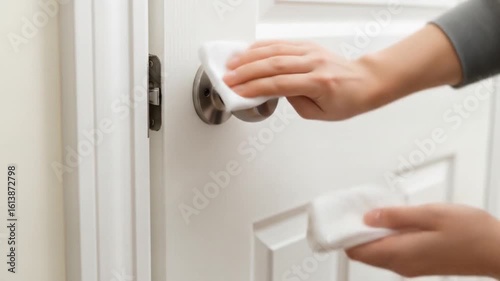 Hand wiping door knob with disinfectant wipe, cleaning for virus prevention and hygiene