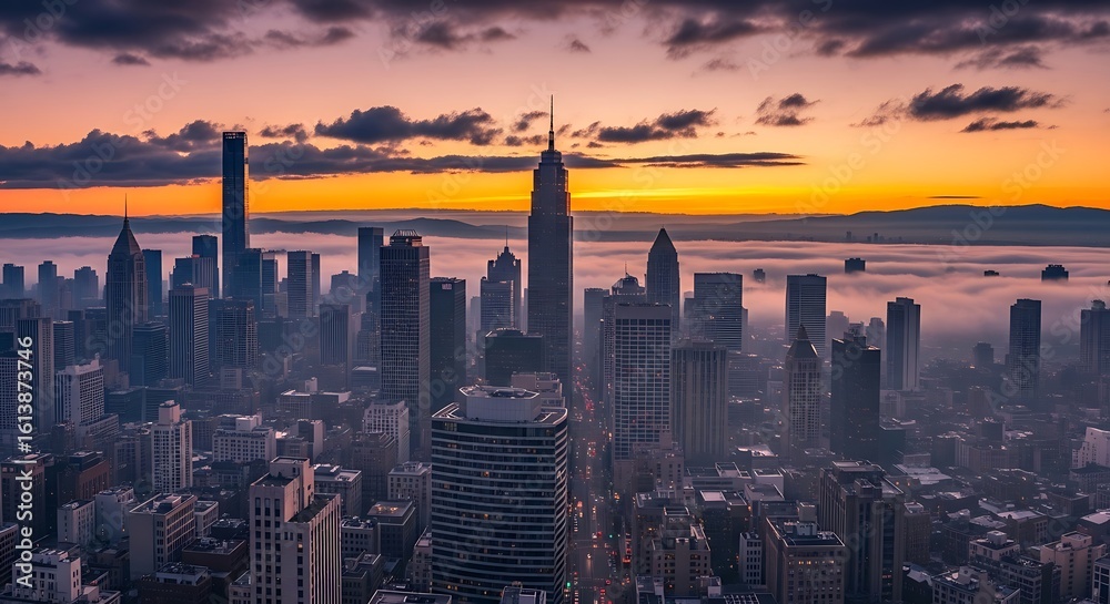 Obraz premium Breathtaking cityscape view of New York City skyline at sunrise with fog