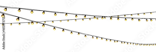Christmas garland with yellow bulbs cut out on transparent background. Glowing holiday garland. Christmas decor. Street lighting