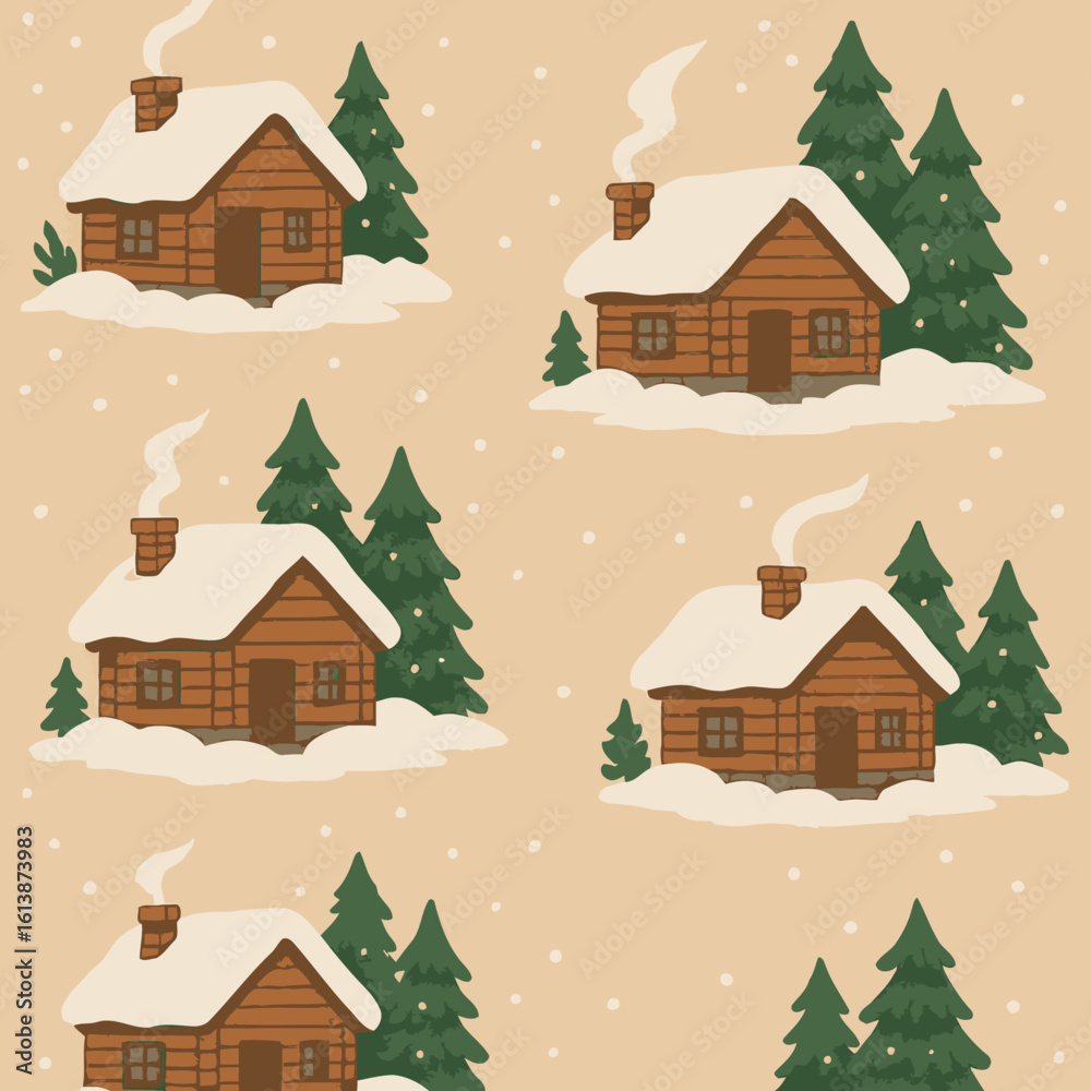 Naklejka premium Winter Cabin Pattern Seamless Cozy Snowy Holiday Background