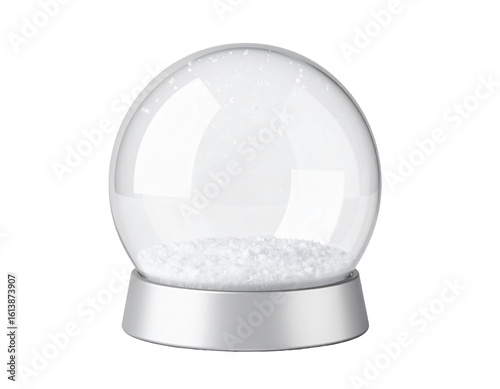 Clear glass globe with silver base and snow isolated on a transparent background