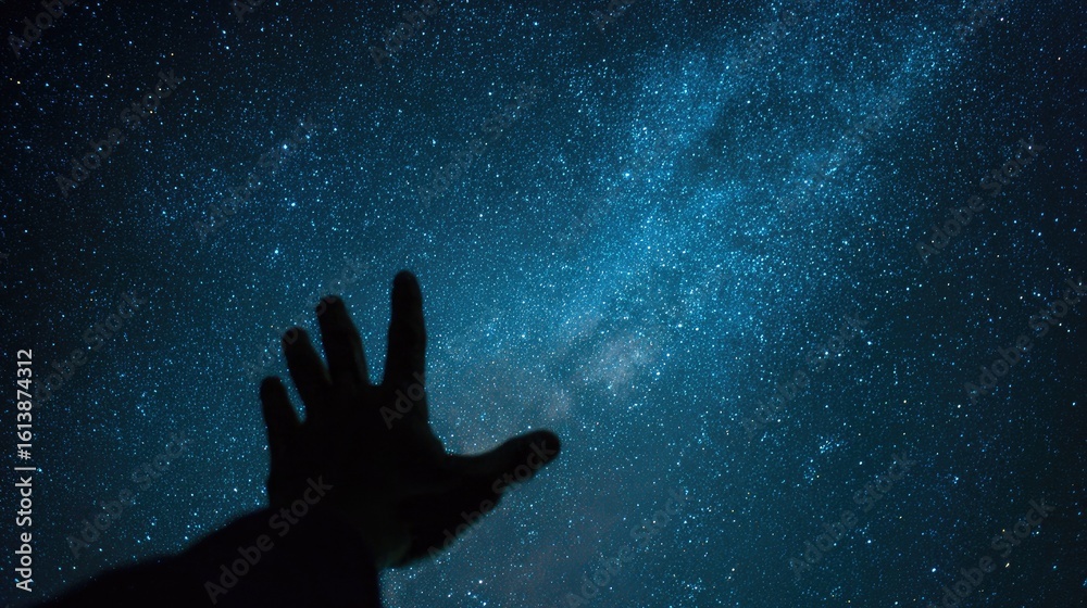 Reaching hand towards a starry night sky Reaching hand towards a starry night sky