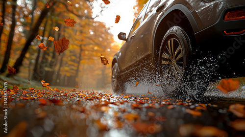 Fototapeta Naklejka Na Ścianę i Meble -  Autumn Car Drive Through Fall Foliage