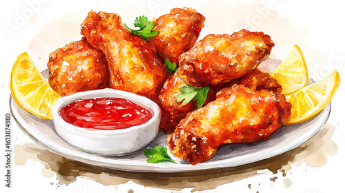 Watercolor painting of chicken wings with lemon wedges and a bowl of red dipping sauce on a plate
