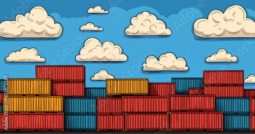 Cartoon Shipping Containers Stacked High Under a Cloudy Blue Sky Illustration