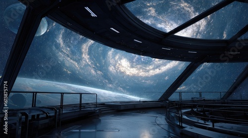 Fototapeta Naklejka Na Ścianę i Meble -  Futuristic spaceship bridge with cosmic views