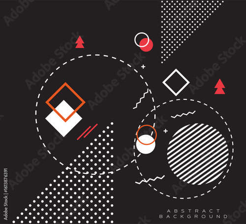 Abstract vector background with geometric shapes on dark gray. White circles, squares, triangles, dotted patterns, and orange-red accents form a retro, mid-century style layout