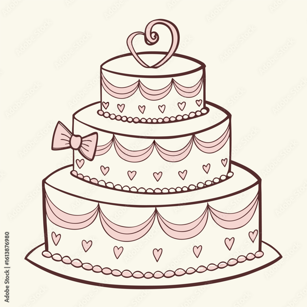 Elegant three tier wedding cake with heart topper and delicate swirl decorations silhouette Elegant three tier wedding cake with heart topper and delicate swirl decorations silhouette