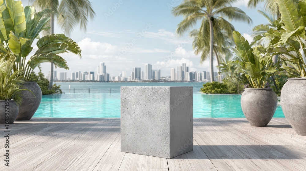 Fototapeta premium Concrete cube pedestal showcases product display among tropical plants near a turquoise swimming pool with city view