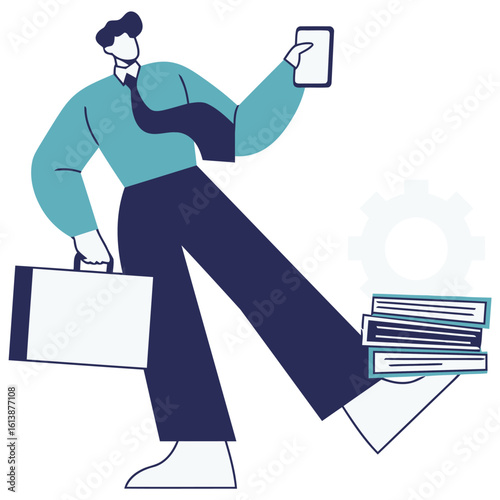 Dynamic businessman expertly juggles phone, briefcase, books, and gears, symbolizing efficient multitasking and organized workflow for modern professional success.