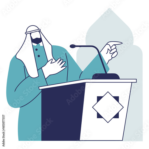 Confident Arab leader passionately addresses audience from podium, gesturing emphatically with a hand on heart for sincerity and impact
