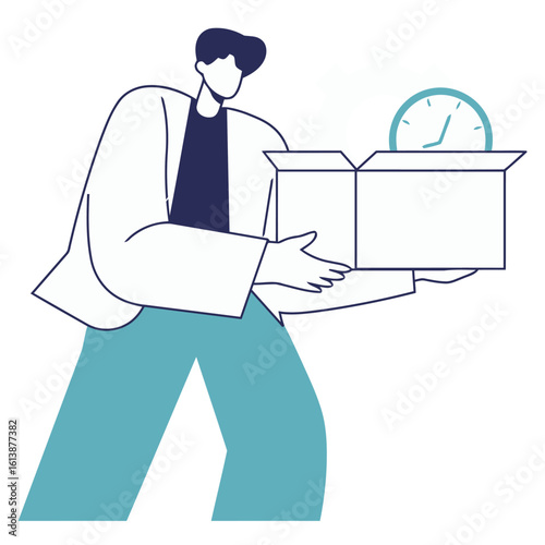 Dynamic professional carrying open box with clock and gear symbolizing efficient project management and timely delivery, perfect for business strategy visuals.