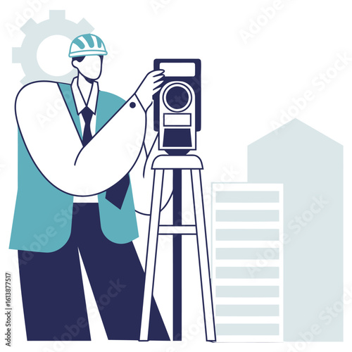 Skilled engineer using surveying equipment for precise measurements on a modern construction site, symbolizing progress and innovation in urban development projects.