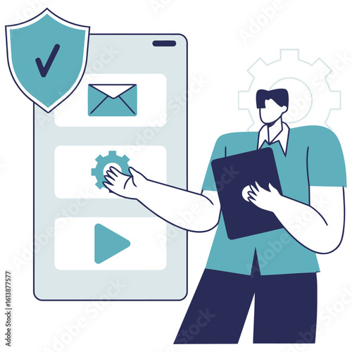 Confident professional managing digital security and user experience on a modern device, symbolizing cybersecurity and system optimization