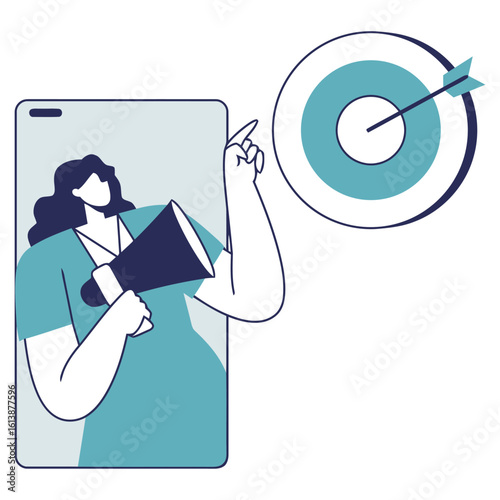 Dynamic marketer with megaphone announces successful campaign achievement, pointing to bullseye target signaling strategic business growth and goal attainment for digital advertising