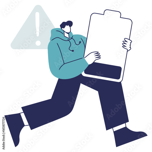 Energetic person running with a low battery symbol, representing depletion or urgent need for energy, with a caution alert nearby