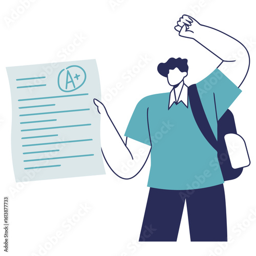 Excited student celebrating academic achievement with A+ grade report and raised fist, embodying educational success and triumph.
