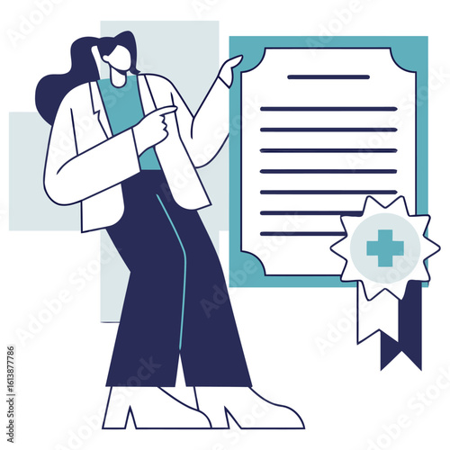 Expert healthcare professional confidently presenting medical certification with important health cross emblem and award ribbon, highlighting achievement and quality care.