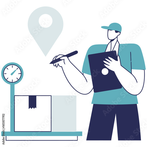 Dedicated logistics professional meticulously weighing package for precise delivery, ensuring accuracy with digital clipboard and location pin overhead