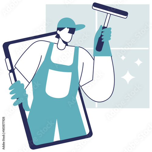 Modern cleaner with squeegee emerges from screen offering sparkling window washing service for pristine homes and businesses