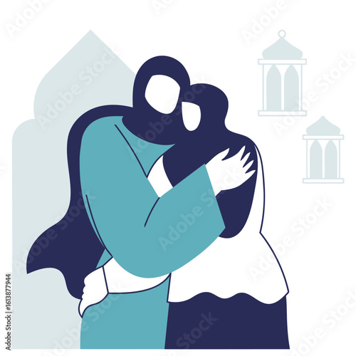 Warm embrace between two women wearing hijabs evokes feelings of love compassion and togetherness during a special cultural celebration with decorative lanterns and architectural elements