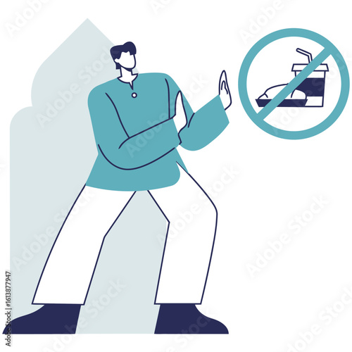 Man making stop gesture against unhealthy food and drink, promoting wellness and healthy lifestyle choices for a better future