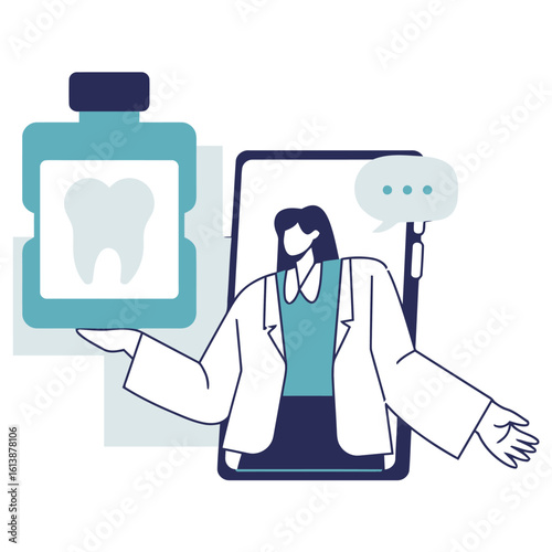 Expert dentist virtually explains oral hygiene benefits and product usage, showcasing a healthy tooth and mouthwash bottle for dental care advice