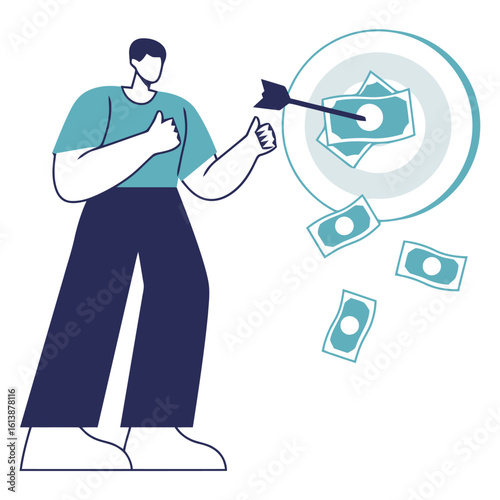 Achieve financial success with a perfectly aimed arrow hitting the bullseye on a target surrounded by falling money, a winning concept for business growth and investment.