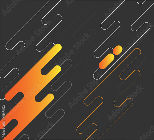 Abstract background with looping white lines and fluid orange-yellow gradient shapes on dark gray, featuring small bright orange ovals for dynamic visual energy