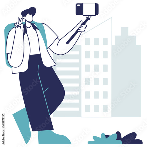 Dynamic young person capturing city memories with selfie stick, flashing peace sign, embodying modern travel and vlogging culture with urban excitement