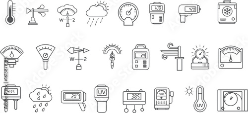 Weather Instruments Line Icon Sheet – Thermometer, Barometer, Anemometer, Hygrometer, UV Meter, Rain Gauge, Wind Vane