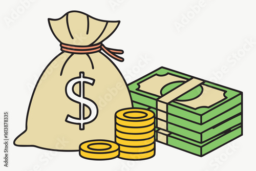 A tan money bag displaying a dollar sign is situated near stacks of cash