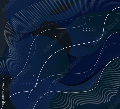 Modern abstract background with flowing dark blue and deep teal shapes, thin white lines, and scattered dot clusters creating depth, movement, and sophistication